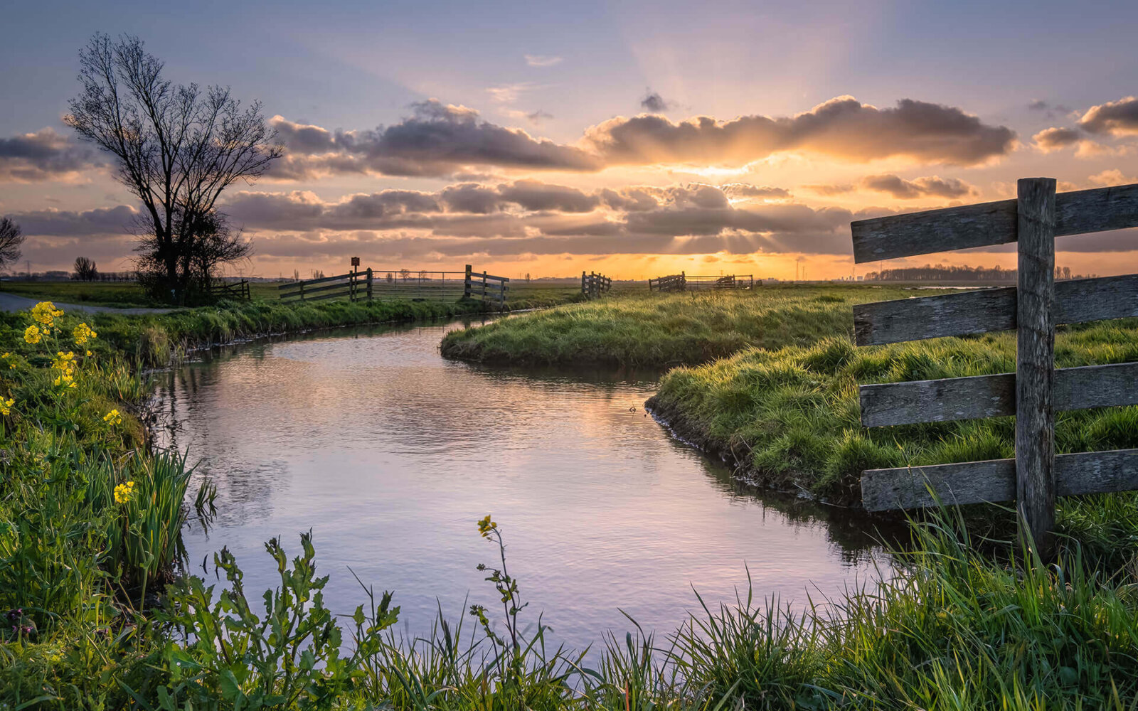 Beautiful rays of sunshine above the cloud cover, during sunset, in the Alblasserwaard.