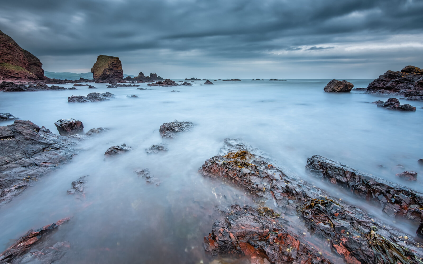 Rocky coast of Killiedraught Bay Beach near Eyemouth.