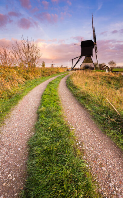 Kinderdijk The hiker's path to a windmill at Kinderdijk