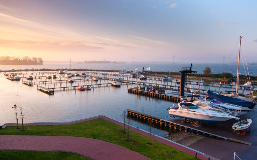 Flevostrand Marina on Veluwemeer, in the first morning light.