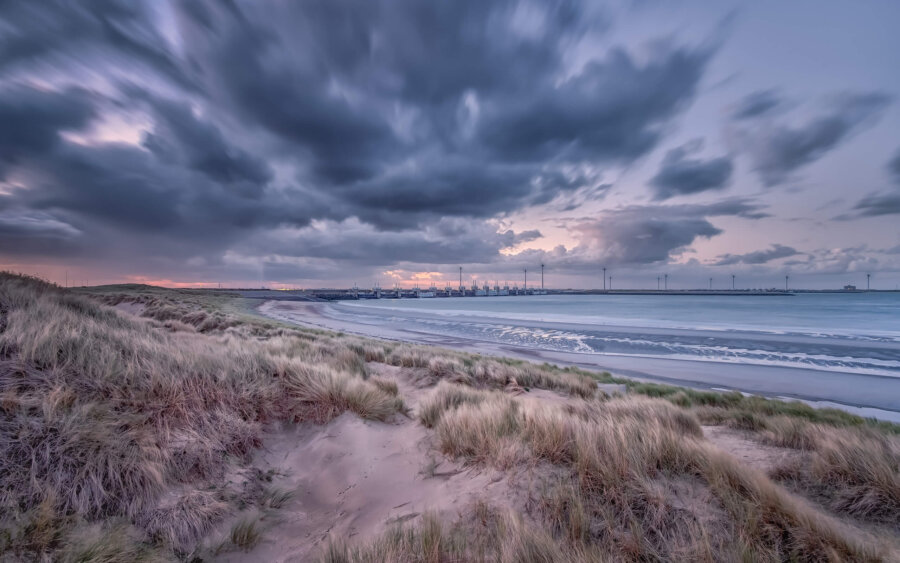 Westenschouwen Sunrise on the dunes, with a view of Neeltje Jans, near Westenschouwen on Schouwen-Duiveland.