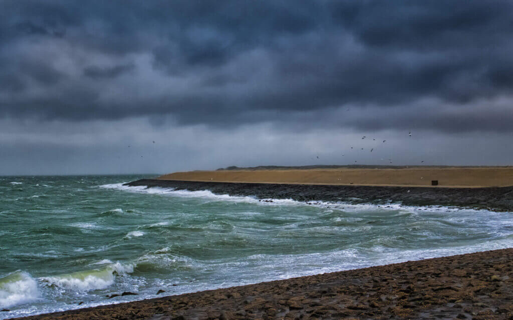 On a stormy day on the coast of the Storm Surge Barrier at Neeltje Jans.